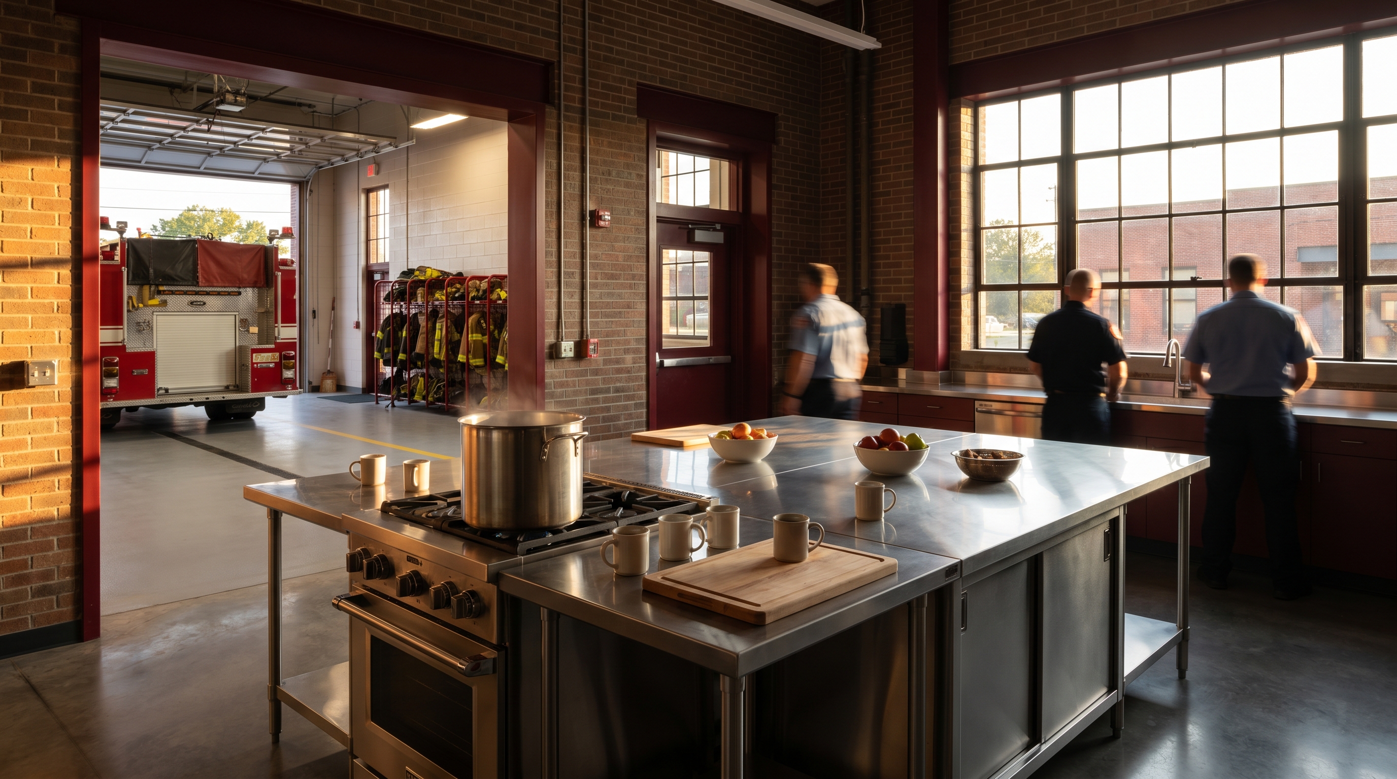 Firehouse communal kitchen and apparatus bay at golden hour with a stainless steel cookline, mugs, and a fire engine through the open bay door.
